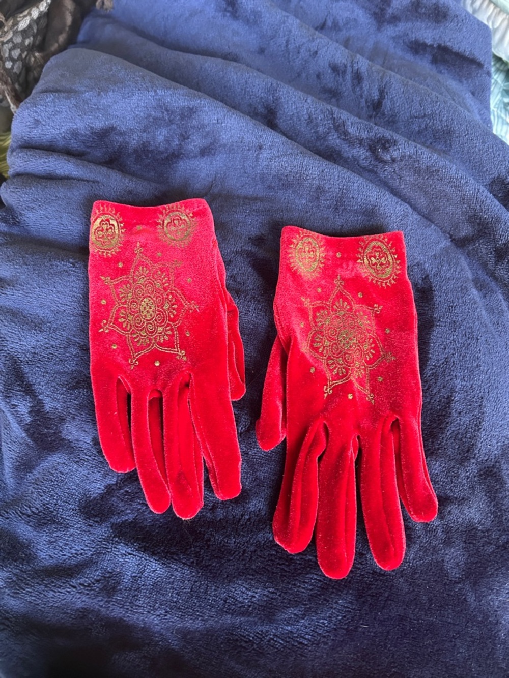 Women's Red Velvet Embroidered Gloves with Gold Detail